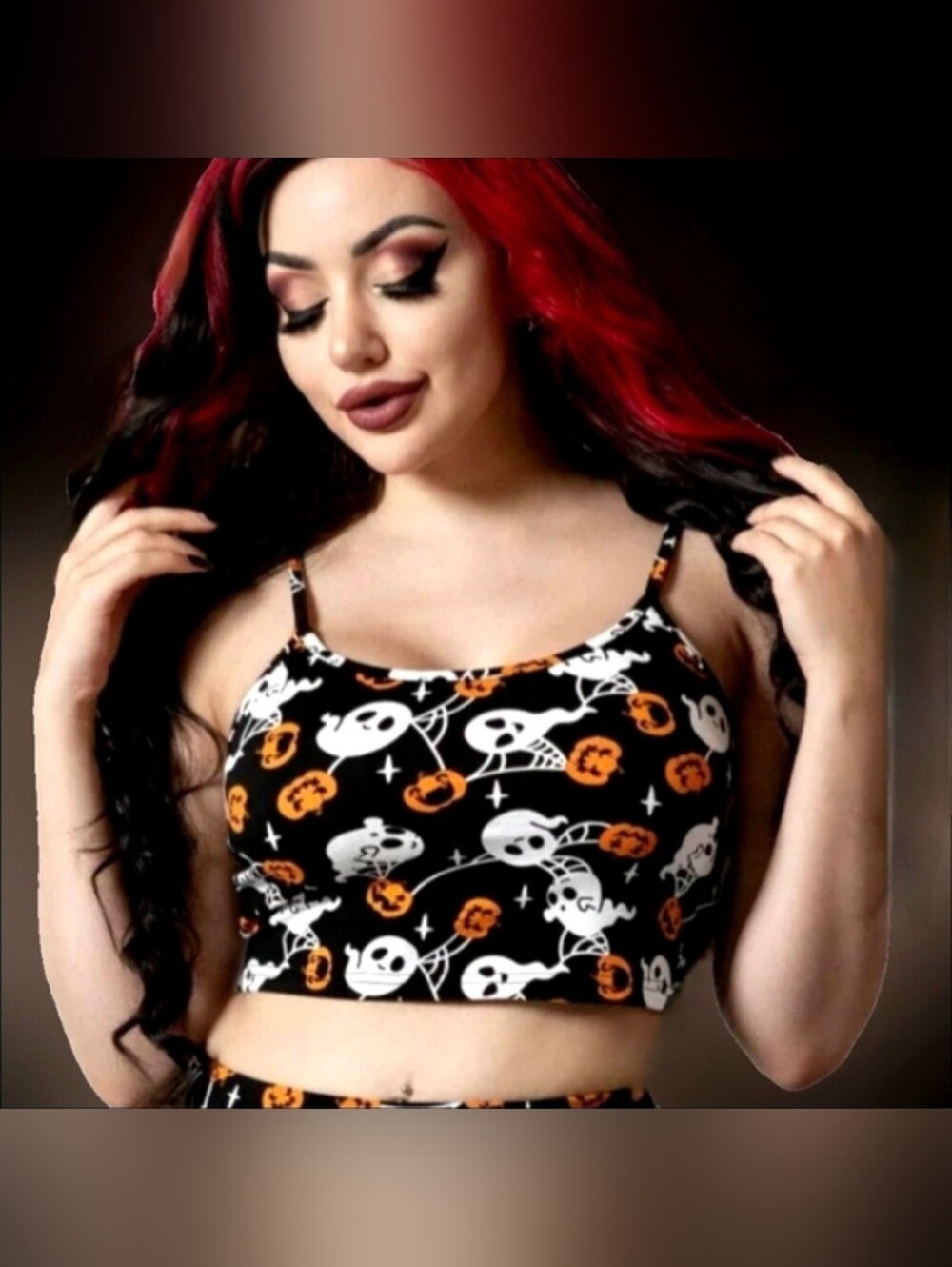 Killstar blk white orange Haunted pumpkin graphic cropped camisole XXL NWOT